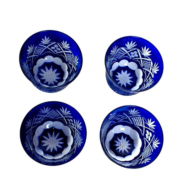 Edo Kiriko Cobalt Blue Cut to Clear Crystal Drinkware Set - Picture 4 of 5
